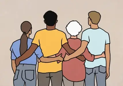 Rear view of multiracial men and women standing side by side with arms around each other Rear view of multiracial men and women standing side by side with arms around each other