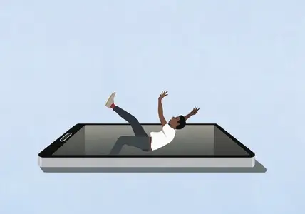 Addiction concept   man falling backward into smart phone void against blue background