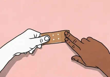 Point of view from above of multiracial hands placing bandage on pink background
