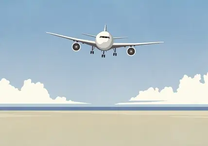 Airplane flying low over sunny summer ocean beach