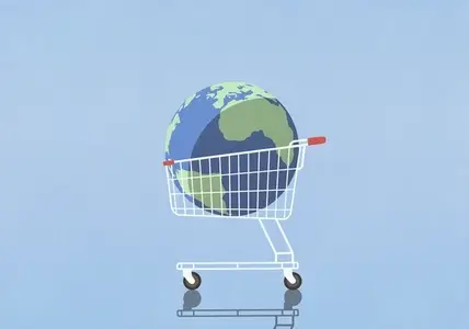 Global commerce concept   large globe in shopping cart against blue background