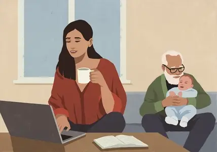 Woman working at laptop while grandfather holds grandson on lap in background
