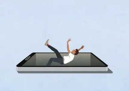 Surprised man falling backward into smart phone screen against blue background