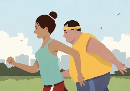 Fit woman jogging with overweight man in sunny city park
