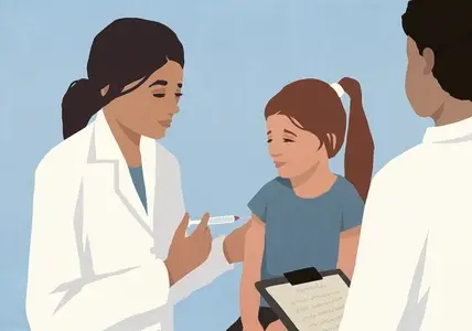 Female doctor with syringe giving vaccine to girl in doctor039 s office