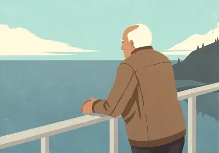 Thoughtful senior man looking at ocean view from balcony