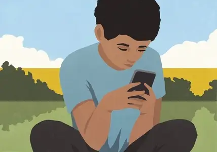 Boy sitting and using smart phone in park