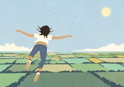 Carefree woman daydreaming flying over sunny