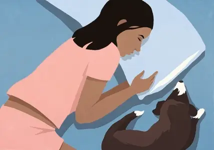 View from above of tired woman in pajamas sleeping in bed with dog at night