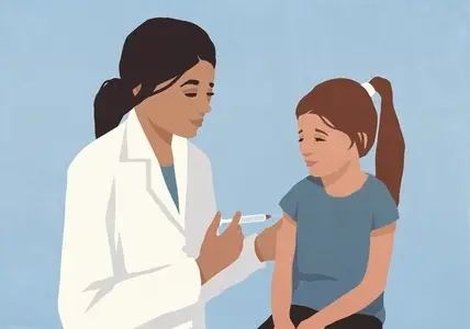 Female pediatrician with syringe giving vaccination shot to girl patient against blue background