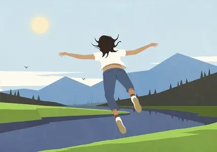 Carefree woman daydreaming flying over idyllic