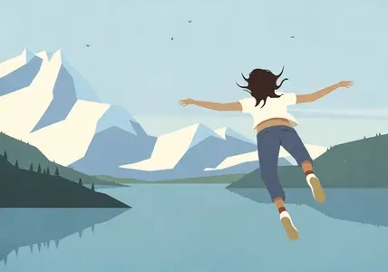 Carefree woman flying over tranquil blue mountain lake