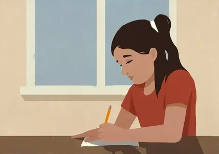 Focused school girl doing homework in classroom by window