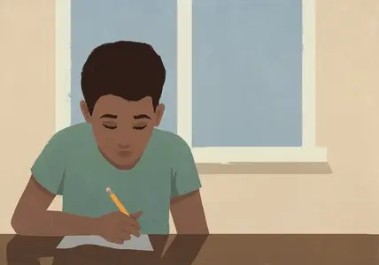 Focused schoolboy doing homework in classroom by window