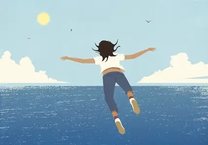 Carefree woman daydreaming flying over sunny blue summer ocean