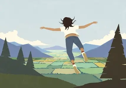 Woman daydreaming flying over scenic rural landscape