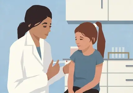 Female pediatrician giving vaccine shot to girl in doctors office at clinic