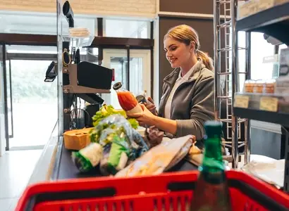 Young woman working as a cashier  Female employee holding a bottle of juice and using a barcode scanner