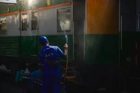 Bangkok  Thailand   March 3  Workers spray water to clean train