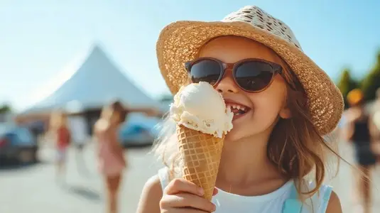 Little girl ice cream summer outdoor happy smiling sunglasses hat sunlight fun