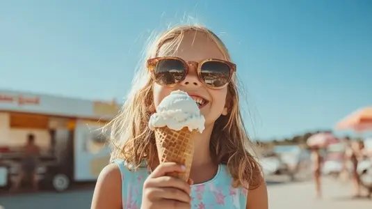 Little girl smiling with sunglasses enjoying ice cream cone outdoors on sunny summer day
