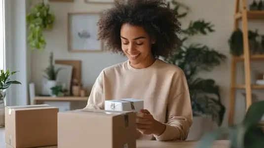 Happy young woman unboxing packages at home  surrounded by plants  natural light  cozy vibe