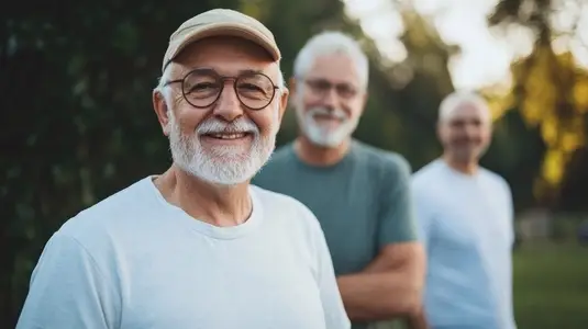 Senior man smiling outdoors with friends  casual clothing  natural light  cheerful mood