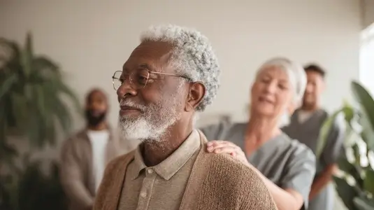 Elderly man receiving chiropractic adjustment from female therapist bright room  feeling relaxed