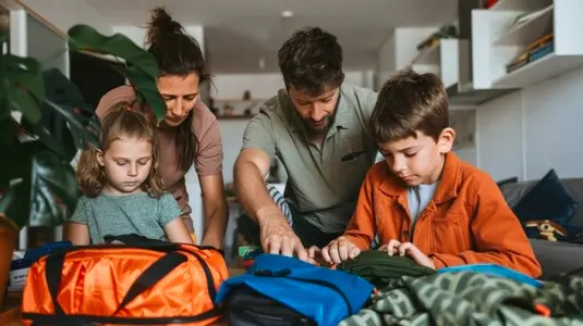 Family packing luggage together in living room  preparing for vacation  teamwork and excitement