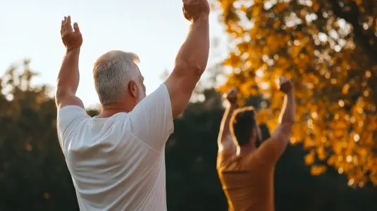Older man outdoor exercise fitness morning stretching healthy lifestyle autumn