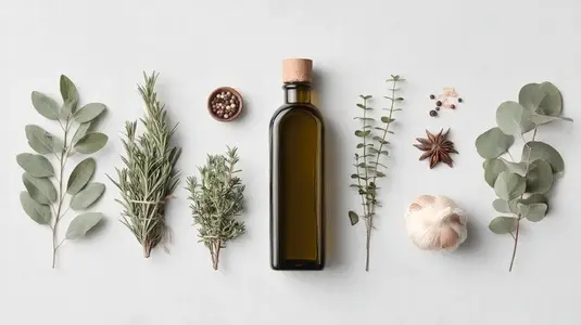 Olive oil bottle with herbs garlic spices and peppercorns on white background  natural healthy