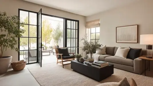 Modern living room with open french doors  neutral decor  cozy atmosphere  natural light