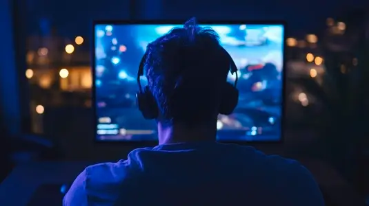 Young man wearing headphones streaming video game on laptop in dark room at night