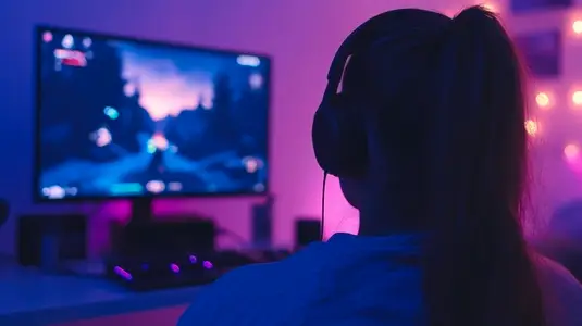 Gamer wearing headphones playing computer game in dark room with neon lights  focused mood