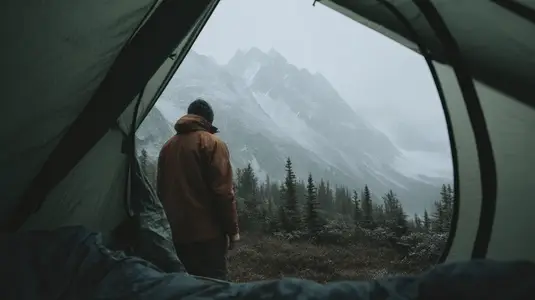 Wide angle shot from inside green tent  person in brown jacket  misty mountain landscape