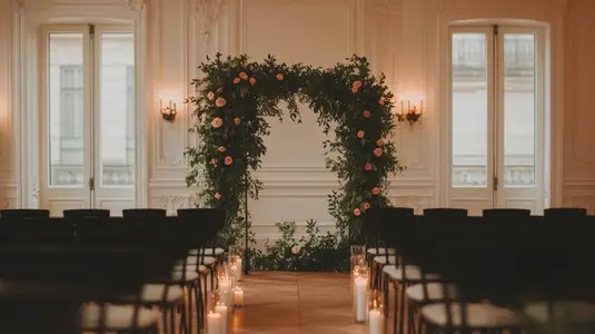 Wedding ceremony backdrop  floral arch  vintage style  romantic  elegant  candlelight aisle