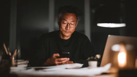 Senior middle aged Asian businessman manager working late office night glasses smartphone