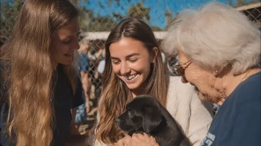 Senior volunteer group puppy outdoor happy animal shelter Seniors and young adults happily
