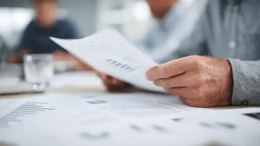 Close up of hands holding financial report with charts  business meeting  analysis  planning