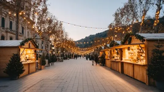 Christmas market  warm lights  festive decoration  wooden stalls  evening