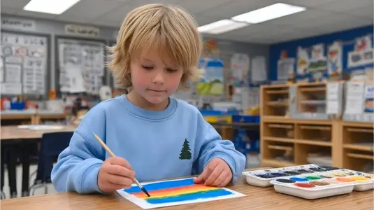 Child painting in art classroom with bright colors  creative  happy  watercolor  learning
