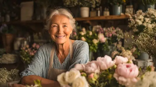 Elderly woman smiling small flower shop surrounded by fresh floral arrangements  warm atmosphere
