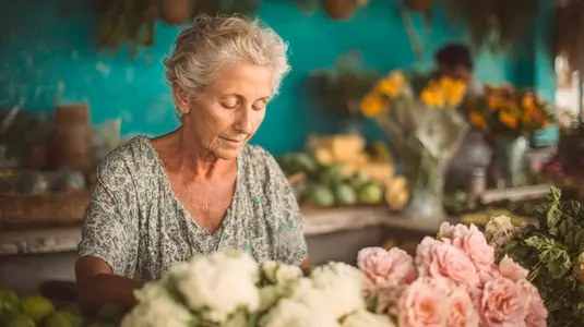 Elderly woman arranging fresh flowers in small flower shop  peaceful and focused mood
