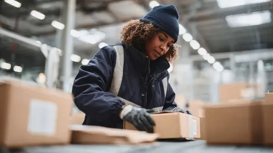 Warehouse worker package shipping logistics fulfillment gloves beanie focused