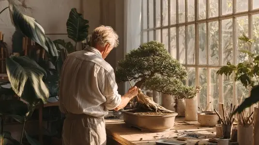 Elderly man painting bonsai tree in sunlit studio  surrounded by plants  peaceful atmosphere
