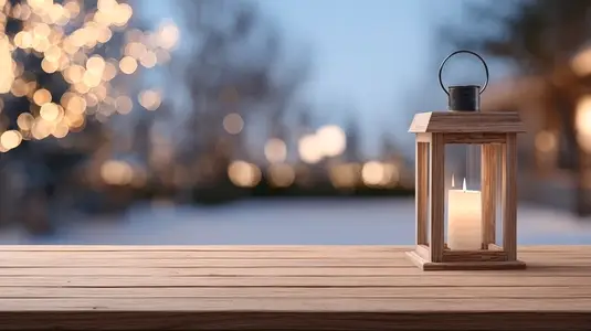 Wooden lantern candle glowing on blank wooden table  warm cozy evening outdoor ambiance