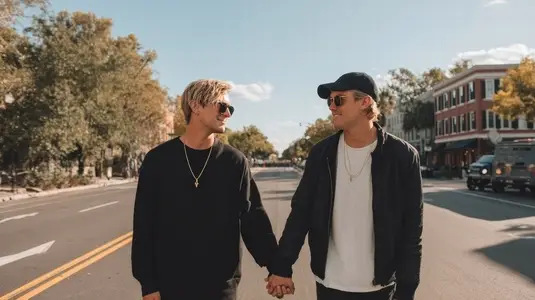 LGBTQ couple walking hand in hand  smiling  casual clothing  sunny urban street  happiness