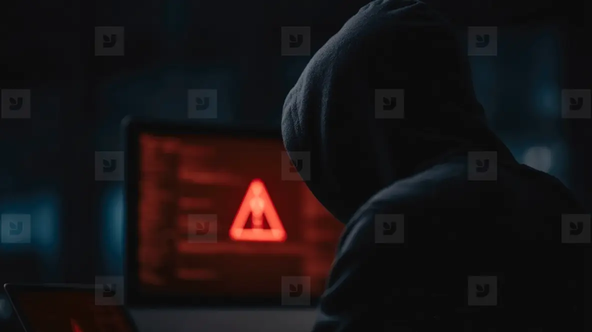 Red Led Hacker Computer Hacker In Dark Room With Hooded Sweatshirt, Red Warning Symbol On ...