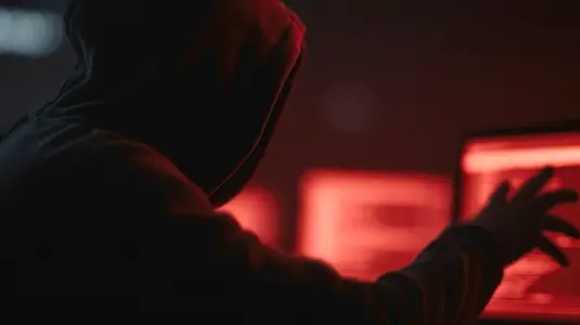 Hacker in dark hoodie reaching toward computer screen with red light  cybercrime atmosphere