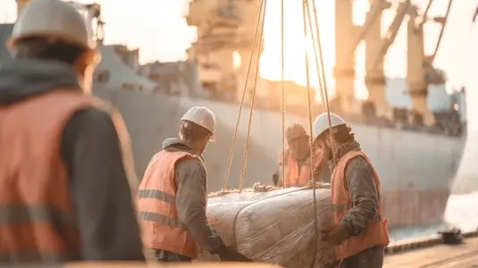 Dock worker cargo ship unloading teamwork safety vest helmet sunrise